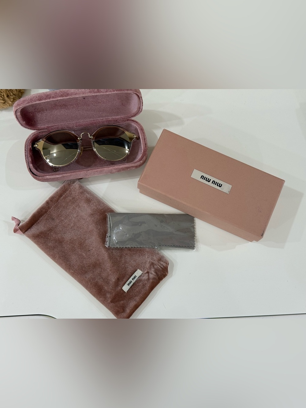 Authentic Miu Miu Round, Gold trim Sunglasses Set with case and box